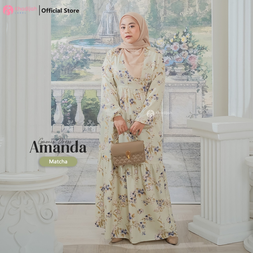Khadijahlabel Gamis Motif Bunga Terbaru Dress Wanita Muslim Muslimah Cantik Kekinian Amanda-Matcha