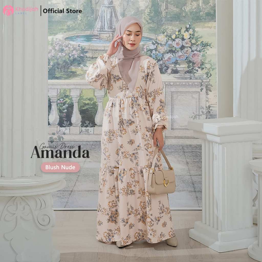 Khadijahlabel Gamis Motif Bunga Terbaru Dress Wanita Muslim Muslimah Cantik Kekinian Amanda-Blush Nude