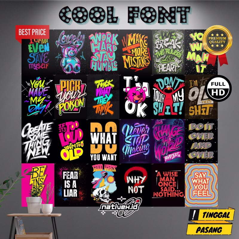 (Isi 24 Pcs) Poster Dinding Aesthetic | Poster Dinding Tema Cool Font | Poster Dinding Kata Motivasi