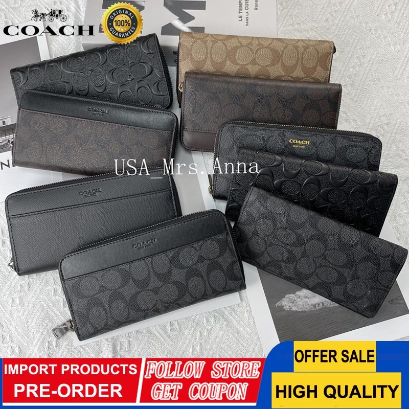 Dompet Coach Klip Panjang Pria Klasik Uniseks Ritsleting Dua Kali Lipat Versi Lengkap Hitam Abu-abu 