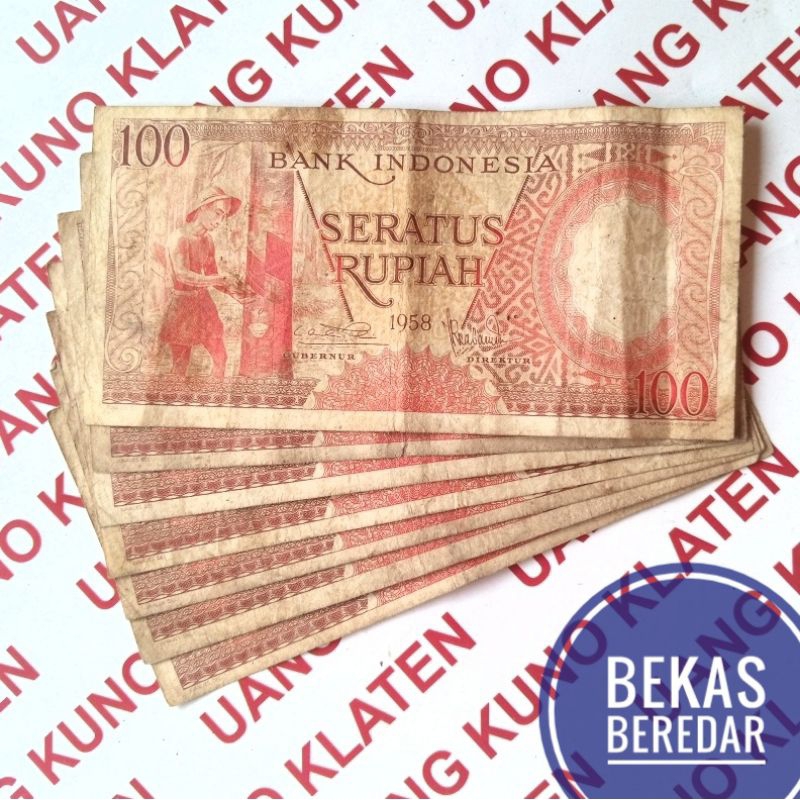 Bekas Asli 100 Rupiah tahun 1958 seri pekerja tangan penyadap karet uang kuno kertas bekas duit lama Indonesia Original