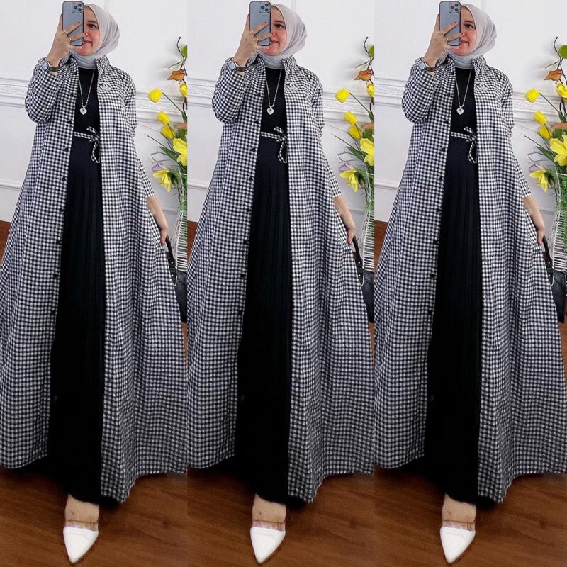 gamis dress inner plisket wanita dewasa terbaru motif kotak cotton Tartan set