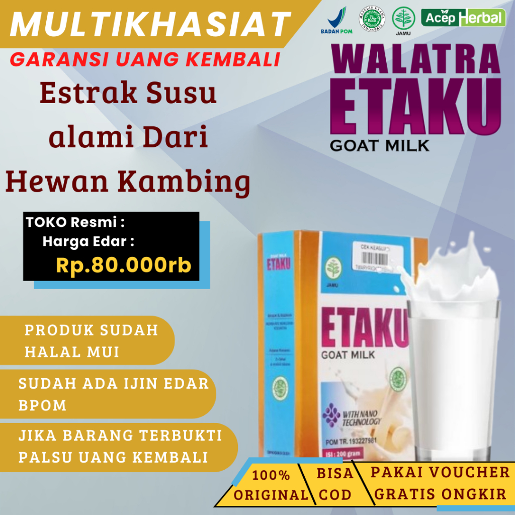

Susu Kambing Etawa Bubuk Murni Walatra Etaku Goat Milk Solusi Untuk Kesehatan Tubuh Kita Dari Penyakit 100% bahan Alami tanpa Bahan Pengawet