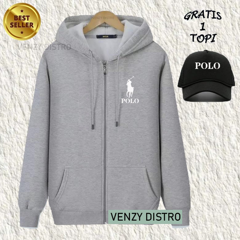BONUS TOPI... Jaket Resleting Zipper Polo Text Putih Premium Quality Sweater Tulisan Sweater Kata-Ka