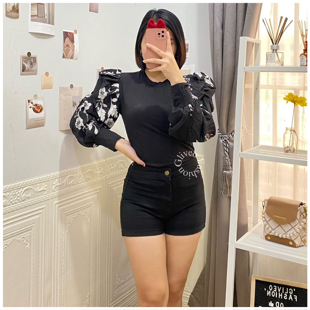 GLIVEO (COD) - BLOUSE RAJUT TANGAN BALON BUNGA RAJUT IMPORT / ATASAN FASHION WANITA / BLOUSE LENGAN 