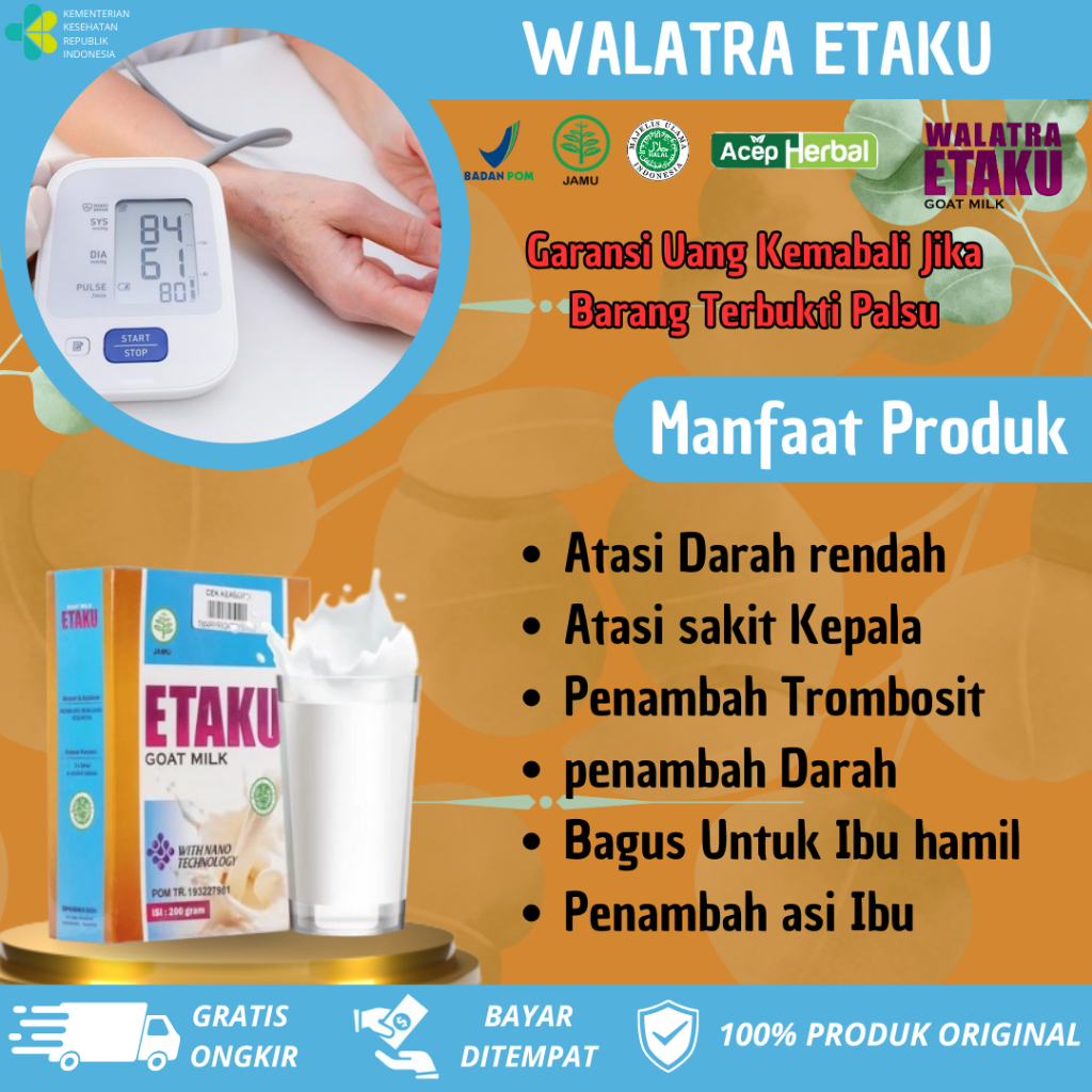 

Susu Kambing Etawa Bubuk Murni Walatra Etaku Goat Milk - Suplemen Penambah Darah Tekanan Darah Rendah Kurang Trombosit Sel Darah Merah Putih Leukopenia Mudah Letih Dan Lesu Kepala Pusing