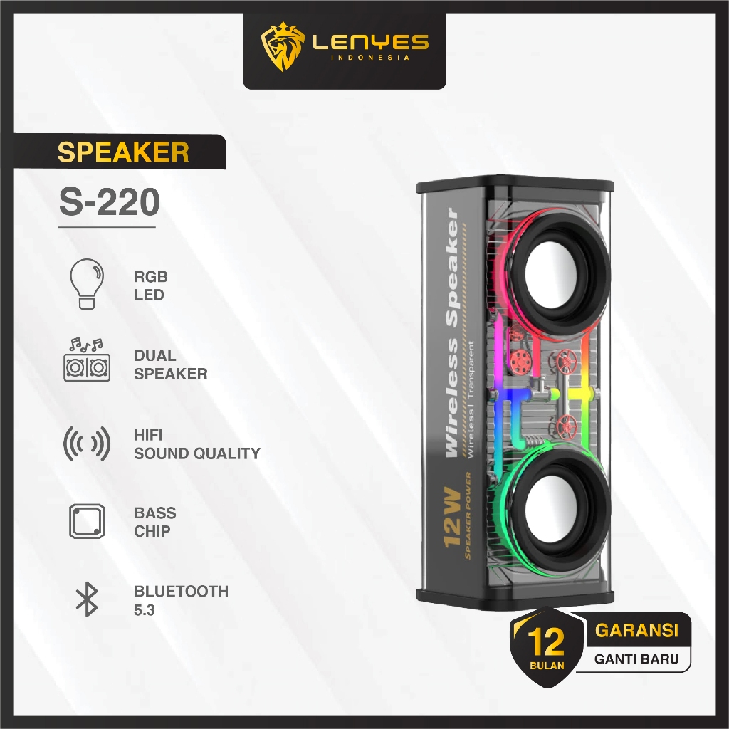 LENYES S220 12W Mini Transparan Wireless Speaker Bluetooth 5.3 Transparant RGB LED Light TWS Portabl