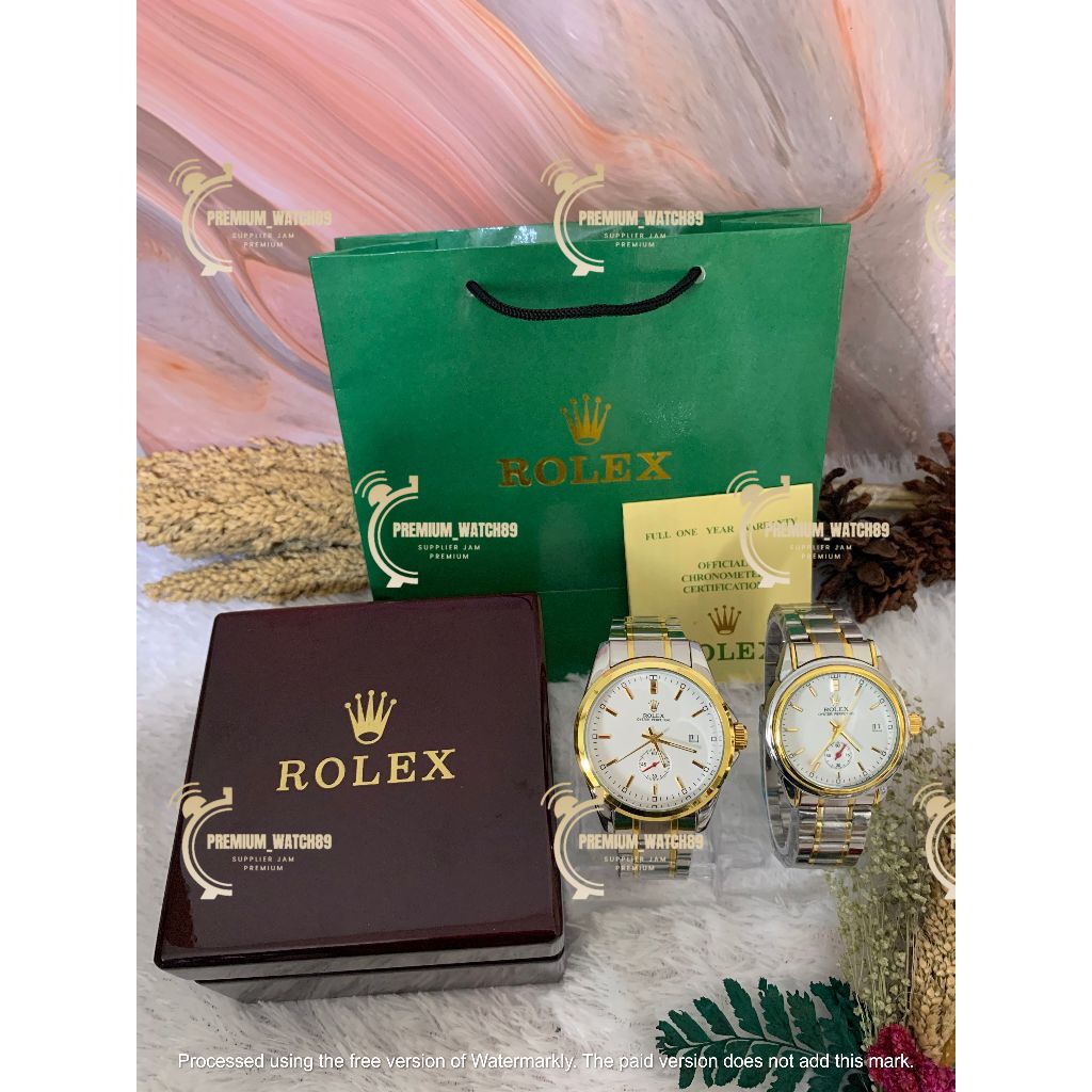 FREE BOX KAYU Jam Tangan Rolex Rantai Auntomatic Tanpa Baterai Couple ( Pria & Wanita ) Tipe RX132