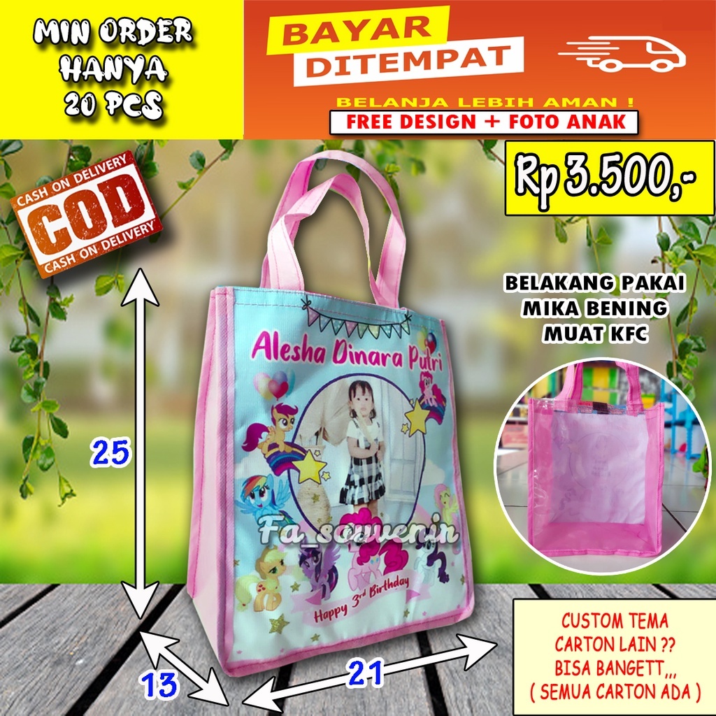 

Tas custom nama Tas Ultah / Tas Ulang Tahun Kudaponi kombinasi belakang mika Godiebag ulang tahun murah souvenir ulang tahun anak