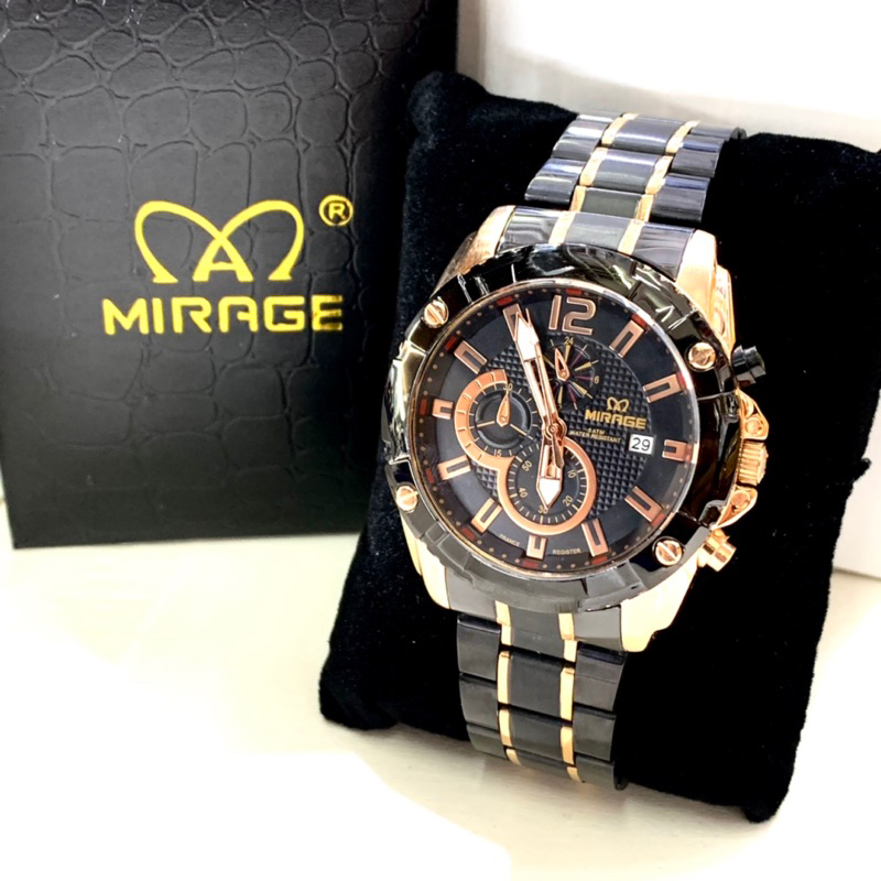 Mirage watch Jam Tangan Pria  Mirage Original Tahan Air Garansi 8714M Hitam List Rosegold