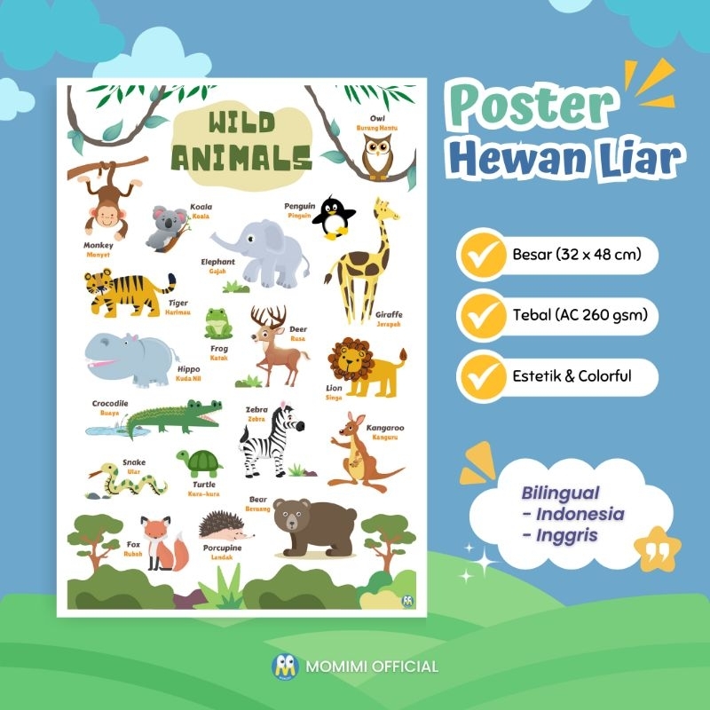 Poster Edukasi Anak Wild Animals Poster Hewan Edukasi Anak Gambar Hewan Liar Lengkap Bahasa Inggris-