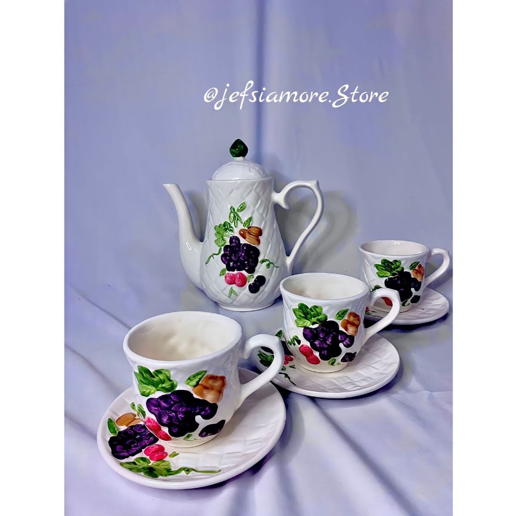 [ READY ] - Sepaket Cangkir Teko Motif Anggur / Kado Unik / Hampers Cantik / Gelas Lucu / Cangkir Ca