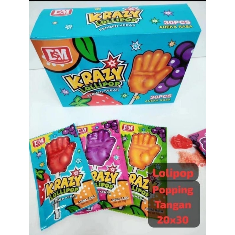 

Permen Cemilan Snack Lolipop Loli Krazy Tangan Hand Popping Pop Meledak Ledakan Mainan Anak Murah (isi 30 pcs)