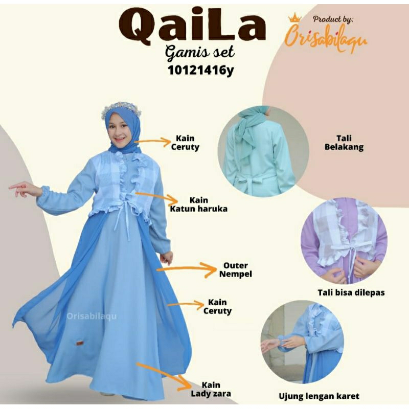 gamis qaila,gamis anak perempuan,gamis layer,gamis set hibah pasmina,gamis katun Haruka,ukuran 10-16