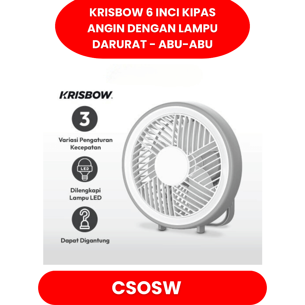 Krisbow 6 Inci Kipas Angin Dengan Lampu Darurat Abu-Abu Emergency Fan 6 inc