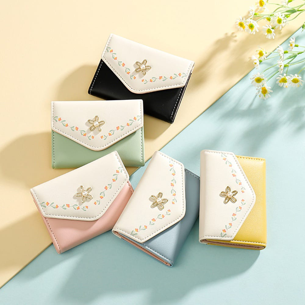 Dompet Wanita Lipat Kecil Aksen Bunga Cantik Elegan Simpel Bahan Tebal