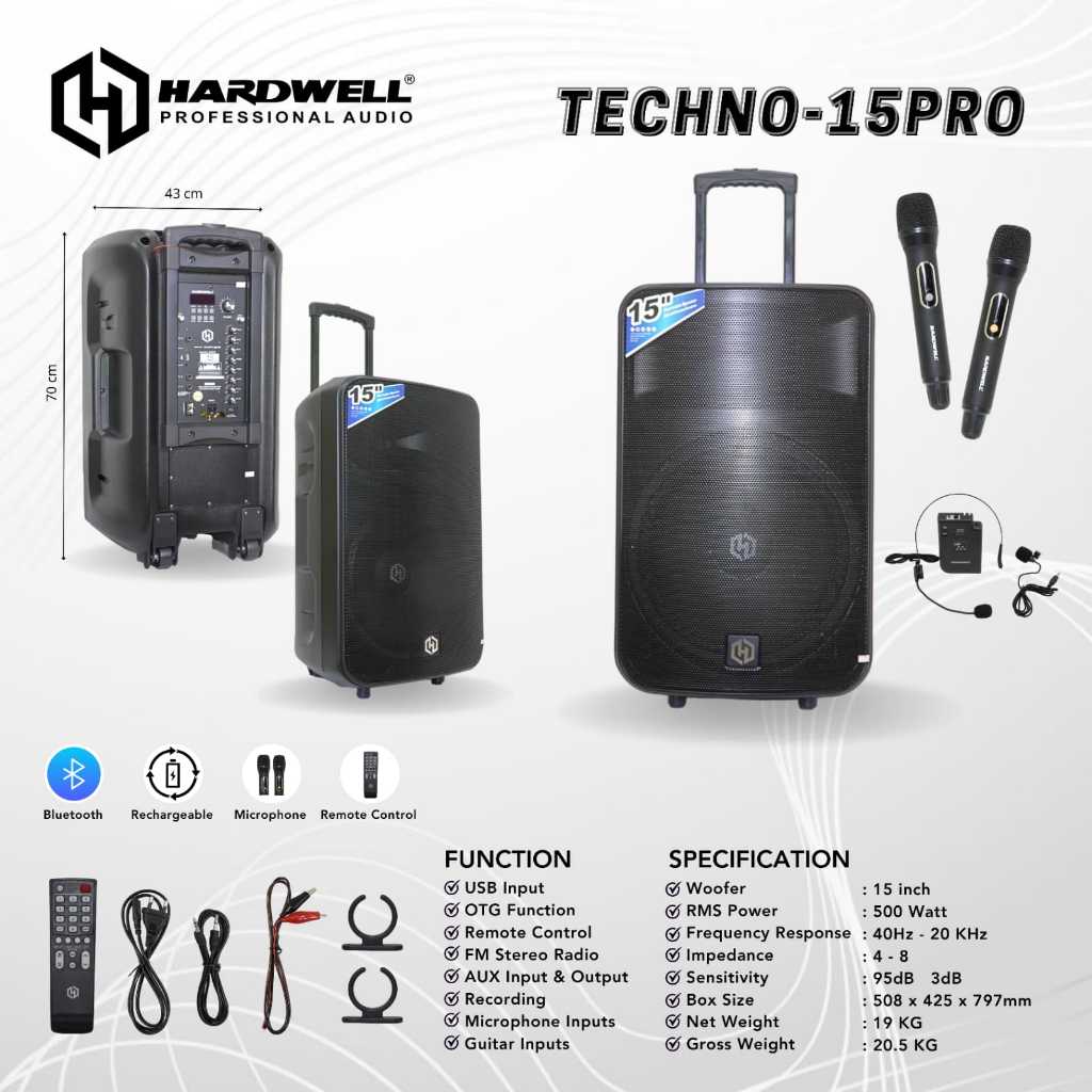 speaker portable wireless chas hardwell techno 15pro / 15 pro 15 inch