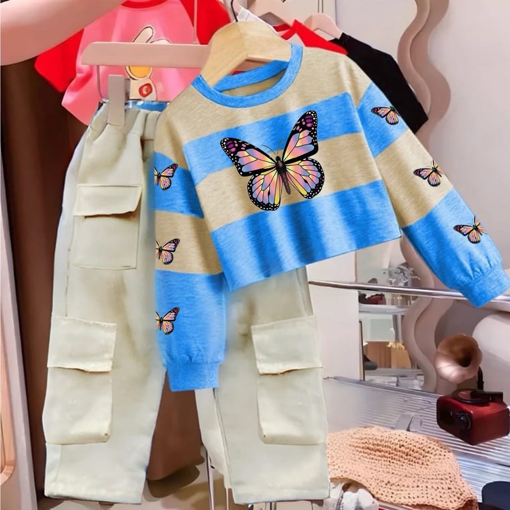 	 One Set Anak Perempuan Multicolour Stripe Sweater Crop Cargo Sweatpant Lengan Panjang	