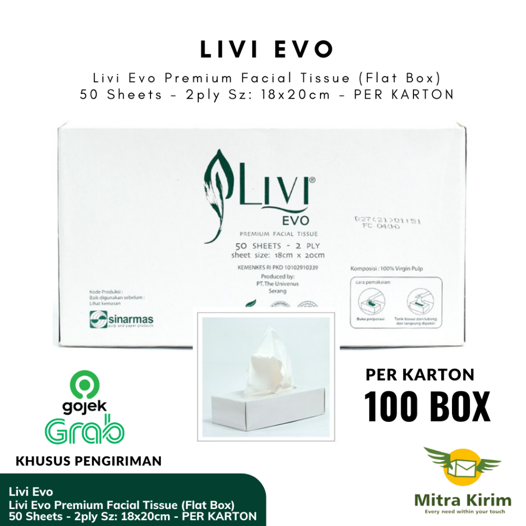Livi Evo Premium Facial Tissue (Flat Box) 50sheets 2ply 100 Box - Per Karton (Khusus Pengiriman Inst
