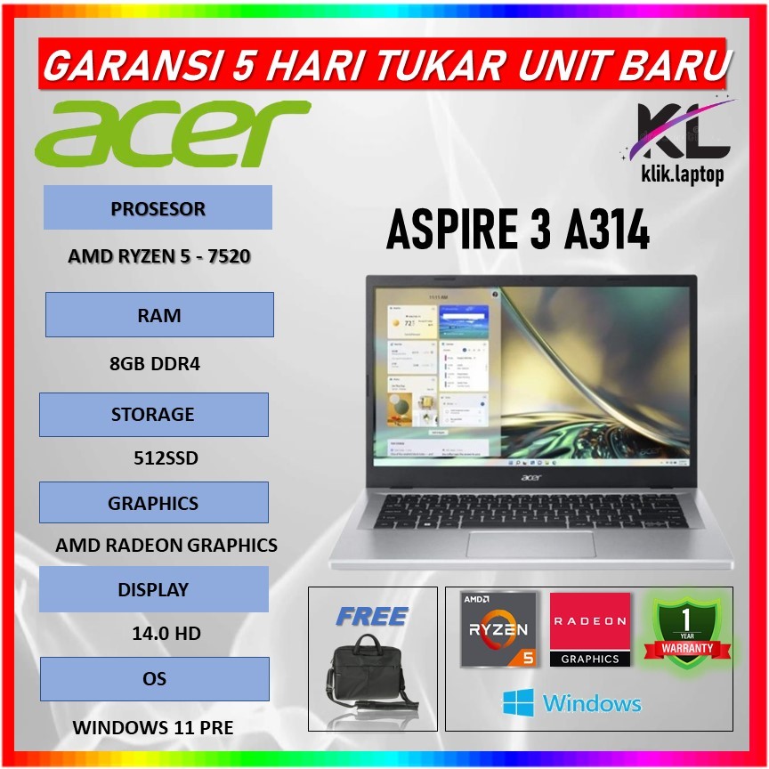 Laptop Acer Aspire 3 A314 Ryzen 5 7520 16GB 512SSD Windows 11 14.0 HD