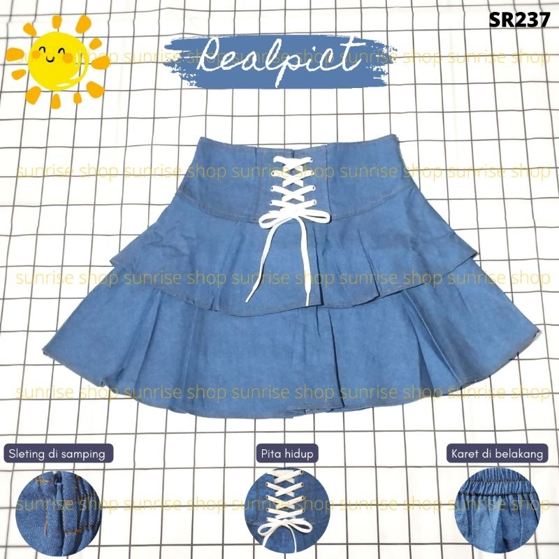 Sr237-Lace Up Tiered Mini Jeans Skirt Premium Terlaris