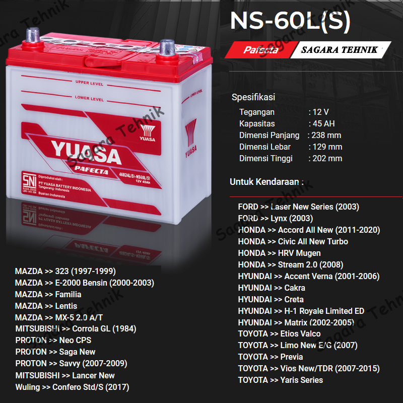 Yuasa Aki Mobil NS60LS 45 Ah Ampere Basah CIVIC ACCORD HRV INNOVA BENSIN CRETA YARIS CORTEZ CONFERO 