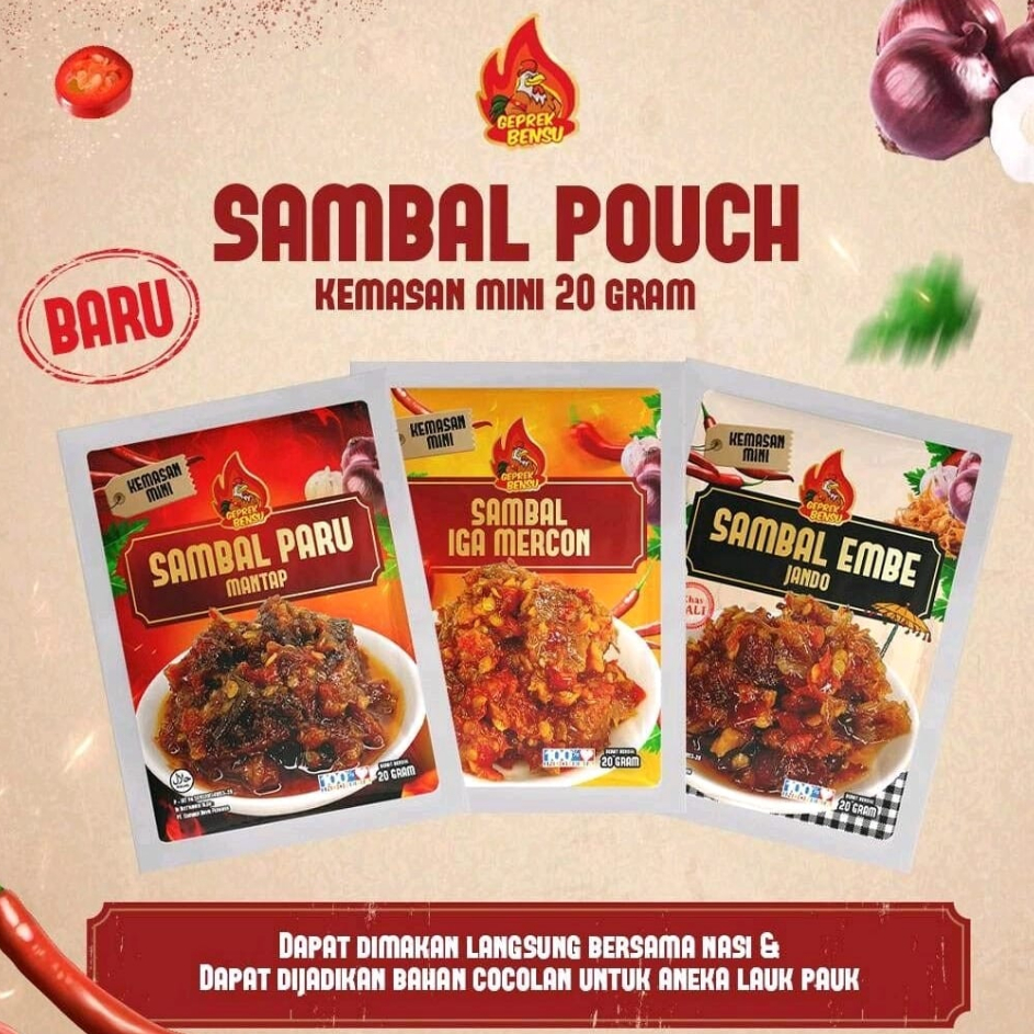 

➴❄❈ Sambal 20gr Geprek Bensu Sambal Paru - Sambal Iga Mercon - Sambal Embe Jando Pouch