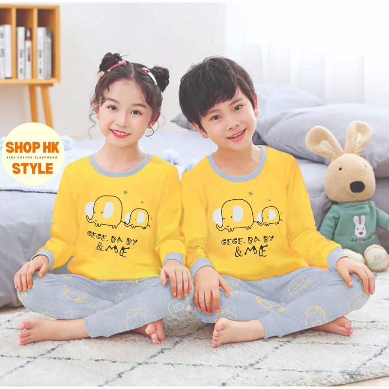 shophk PIYAMA ANAK MOTIF GAJAH (KUNING) LENGAN PANJANG USIA 2-10 TAHUN/ BAJU TIDUR ANAK ANAK/ STELAN