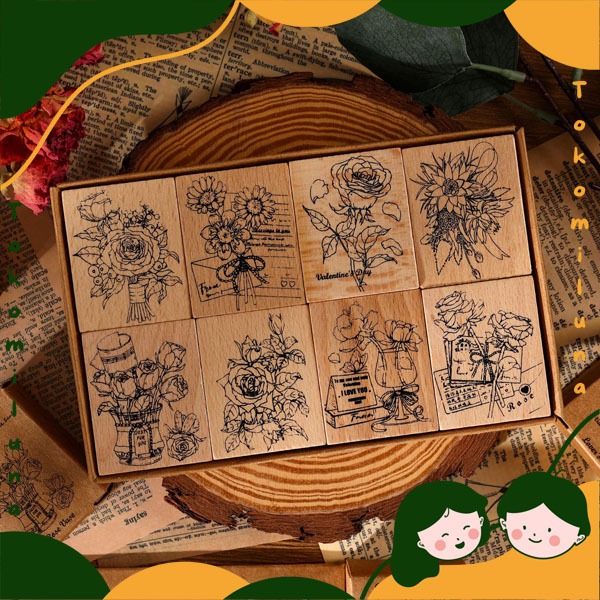 

1 set isi 8 pcs book of roses wood stamp aesthetic stempel bentuk bunga retro vintage HB1547