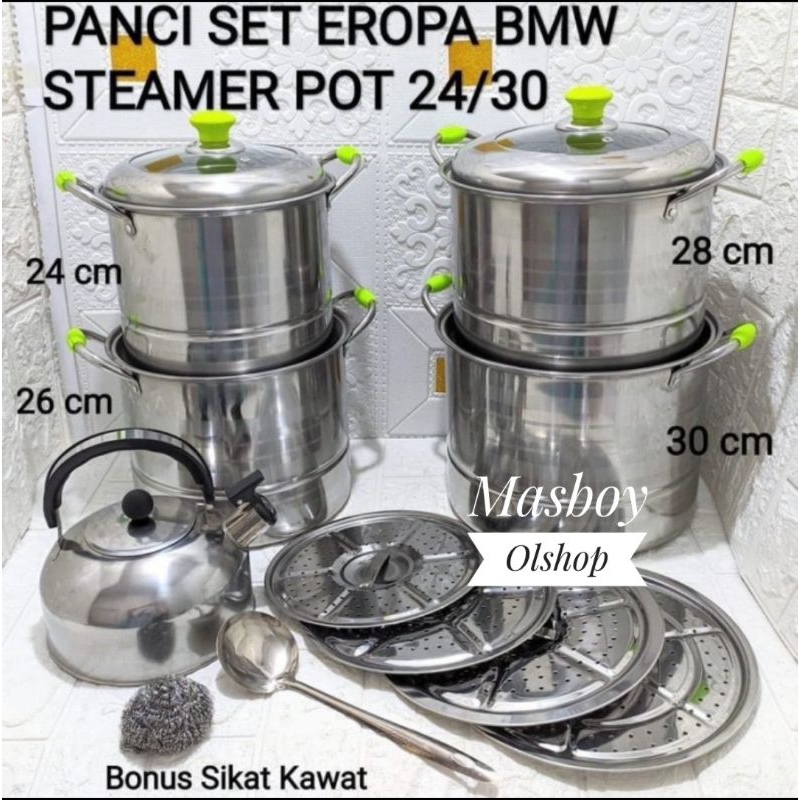 Panci Set Eropa Steamer Pots / Panci Kukusan Stainless Steel Tutup Kaca