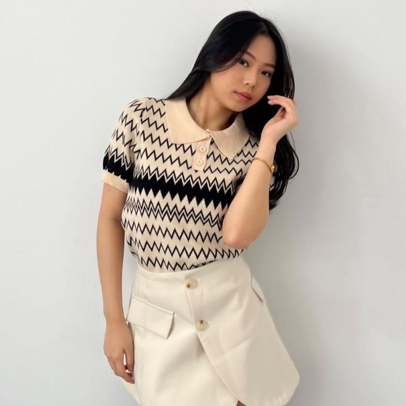 Baju Wanita Warna Cream Lengan Pendek Rajut | Baju Korea Wanita | Kaos Berkerah Wanita | Premium Kni