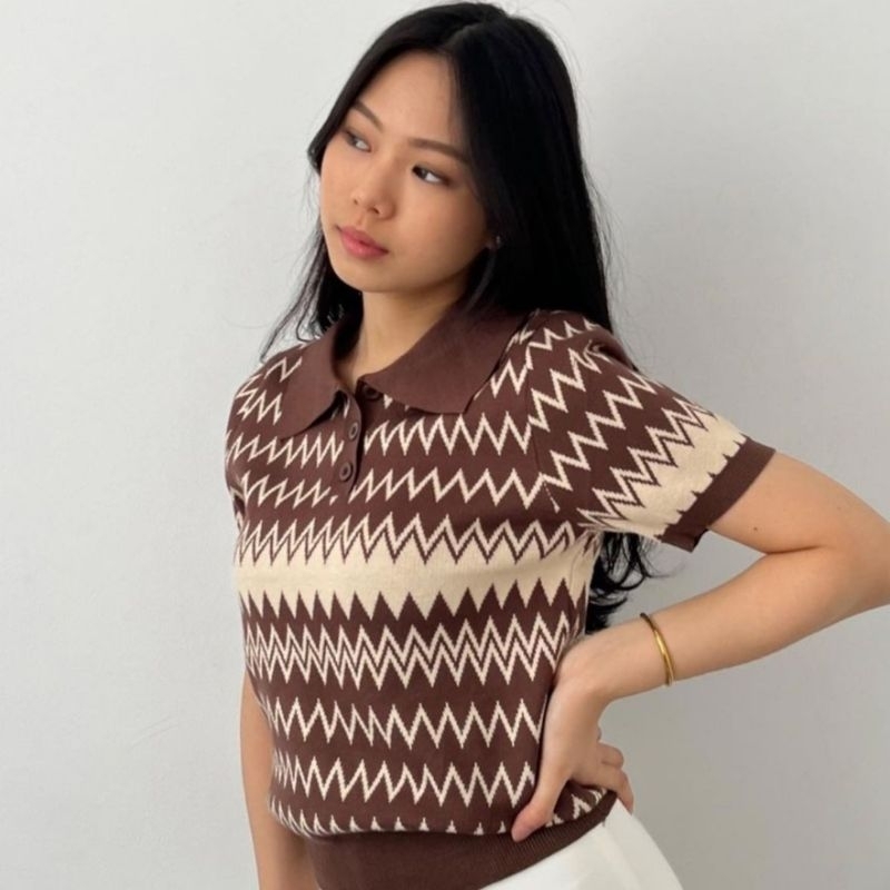 Baju Wanita Warna Cokelat Lengan Pendek Rajut | Baju Korea Wanita | Kaos Berkerah Wanita | Premium K