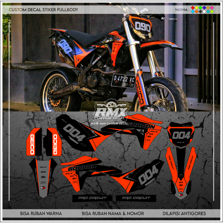 DECAL GORDON FULLBODY (001) DEKAL STIKER KLX GORDON HITAM MERAH, KUNING, HIJAU, BIRU TUA/MUDA, EMAS/