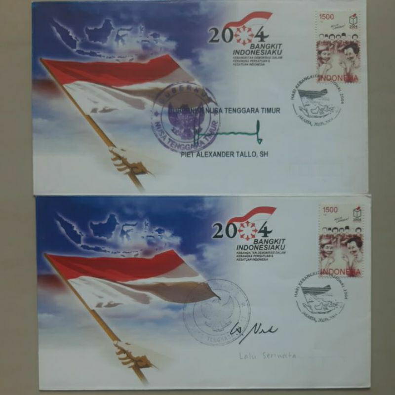

Perangko prangko SHP Hari kebangkitan Nasional 2004 tanda tangan Gubernur NTT dan NTB set 2 sampul
