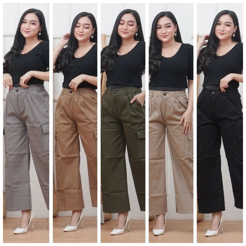 Celana Kulot Cargo Wanita || Highwaist Cargo Pants Twill Stretch