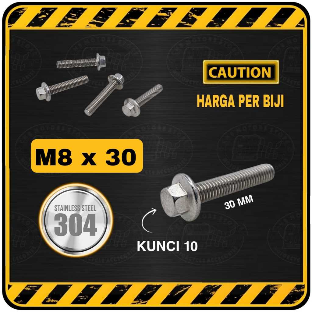 BAUT FLANGE STAINLESS M8 X 30 M8X30 SETARA BAUT KUNCI 12 PANJANG 30 MM 3 CM