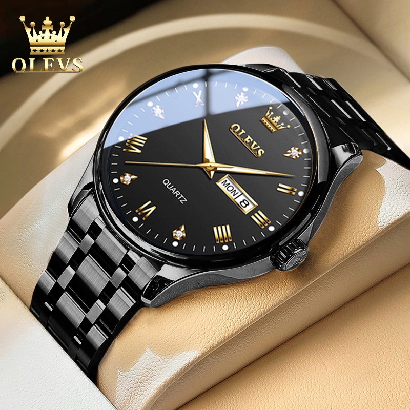 OLEVS Jam Tangan Pria Original Anti Air Tahan Led Luxury Analog Keren Stainless Steel Men Watch Hita