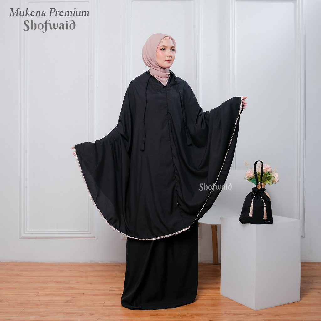 Mukena Dewasa 2 in 1 Traveling Jumbo SHOFWAID Premium Polos Katun Hitam