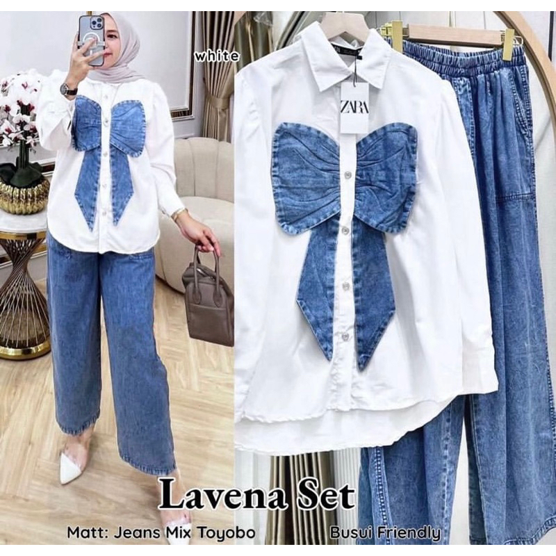 Lavena Set Jeans Terbaru Bahan Katun Toyobo mix Jeans Set Kemaja dan Celana Jeans Murah Kekinian Uku