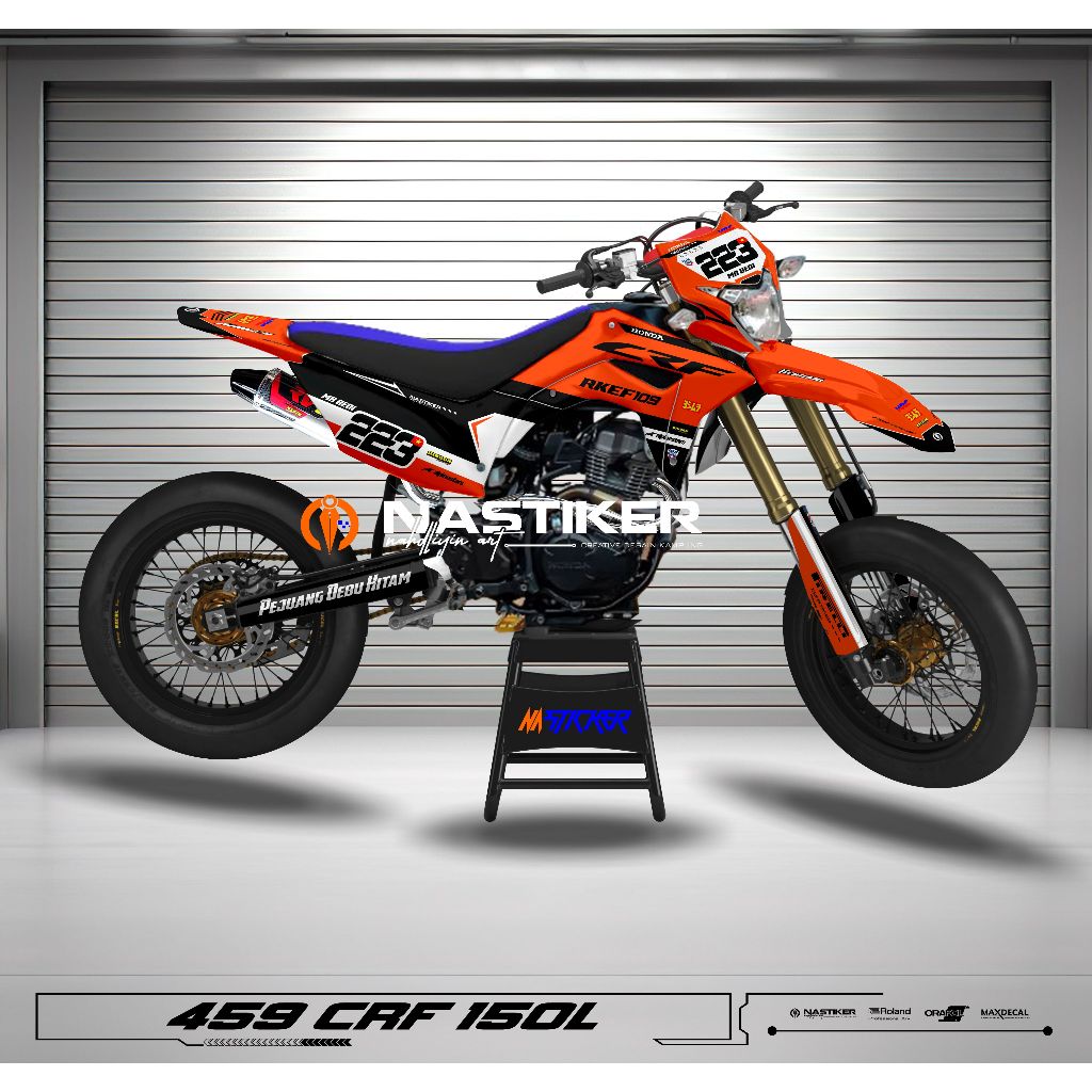 DECAL KIT HONDA CRF 150 L DESAIN OREN HITAM DECAL CRF150L FUL BODY, KLX BF, DTRAKER, KLX