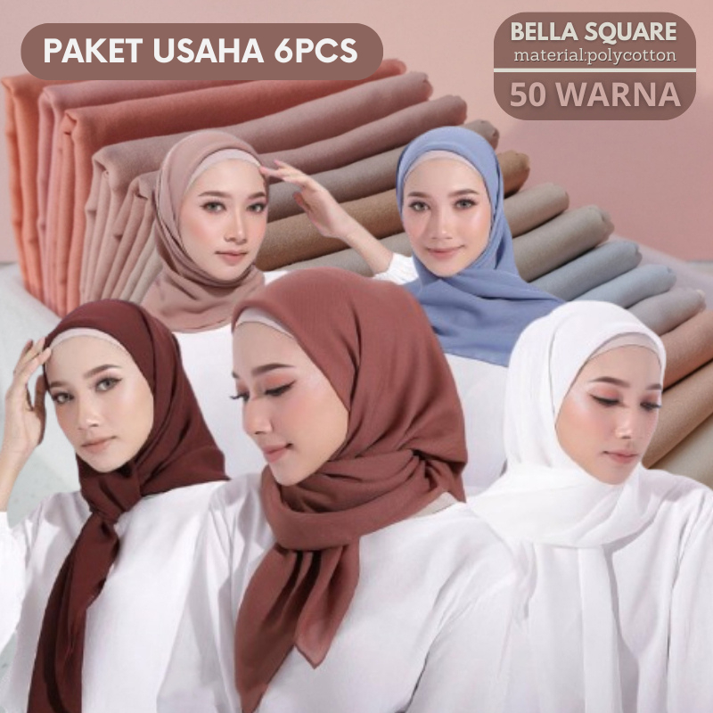 PAKET USAHA 6 PCS HIJAB BELLA SQUARE JILBAB SEGI EMPAT POLYCOTTON PREMIUM JAHIT NECI PREMIUM