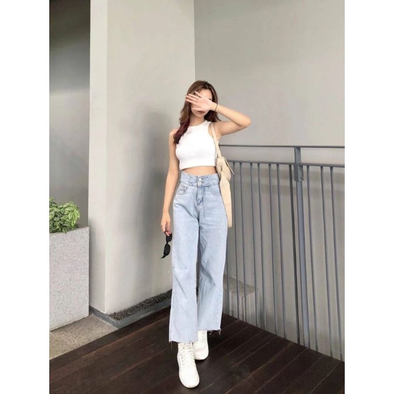 Celana Kulot Jeans Wanita Premium Super | High Waist Kulot Double Button 2 Kancing Pinggang Silang B