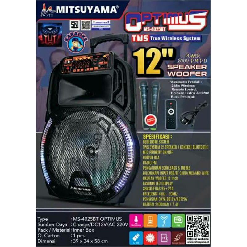 Speaker Bluetooth Trolley Mitsuyama MS-4025BT | OPTIMUS - 12" Woofer