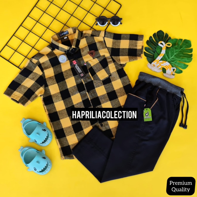 Baju setelan kemeja flanel celana chinos panjang anak laki laki keren casual usia 4-11 tahun