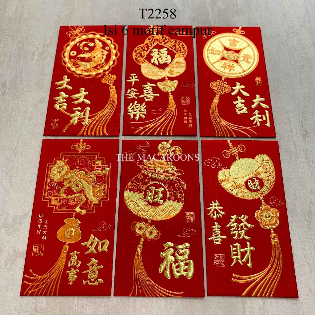 

Angpao Imlek Panjang isi 6 tulisan Fuk Fu Glitter Embos Emas - Hong Bau Panjang Angpau