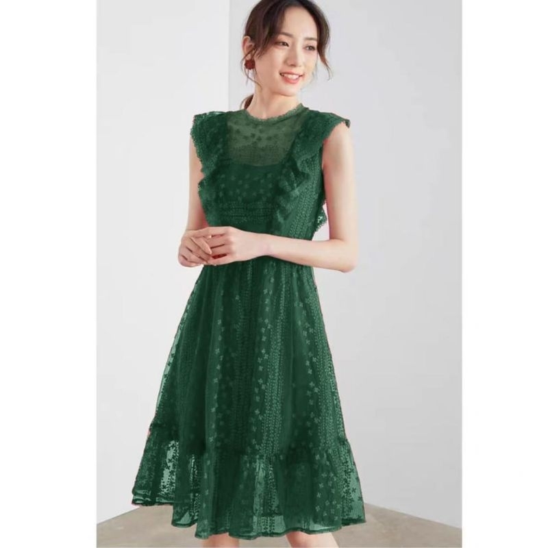 0970 Fashion minidress mini dress dres lengan pendek rempel ruffle brokat brukat bkk bangkok bahan i