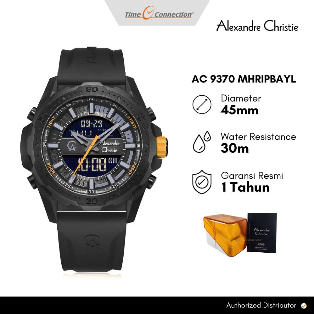 Alexandre Christie AC 9370 MHRIPBAYL Hitam Kuning Original / Jam Tangan Pria Analog Digital Karet MH