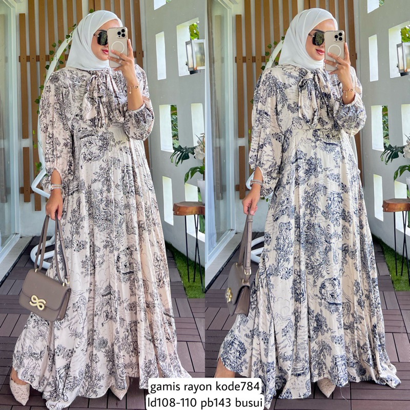 Calia Dress Motif Gamis Rayon Premium Baju Kondangan Mewah Gaun Wanita Muslim Dewasa Aksen Tali Lehe