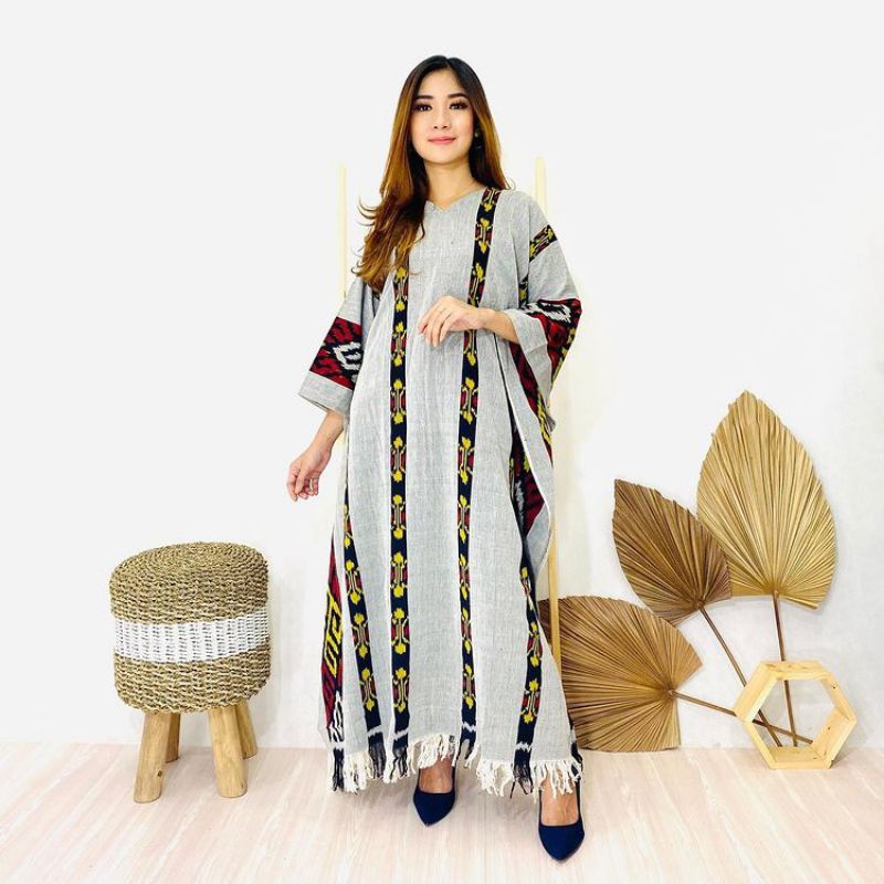 Kaftan Tenun Wanita Hijab Friendly Tenun Etnik - Kaftan Tenun Jumbo - Baju Lebaran Kaftan Wanita