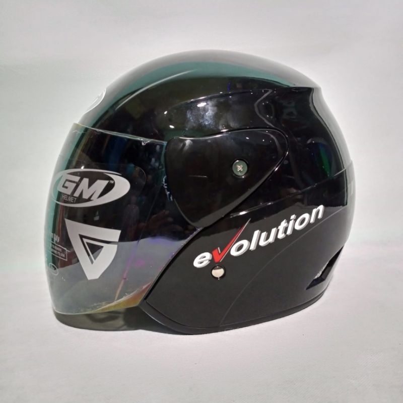 Helm GM Evolution Solid Hitam Glossy Original Kaca Pelangi Helm Half Face